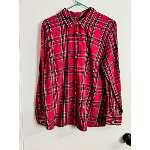 Talbots Red Plaid & Black Polka Dot Button Up Collared Shirt Women's Size XL - Picture 1 of 8